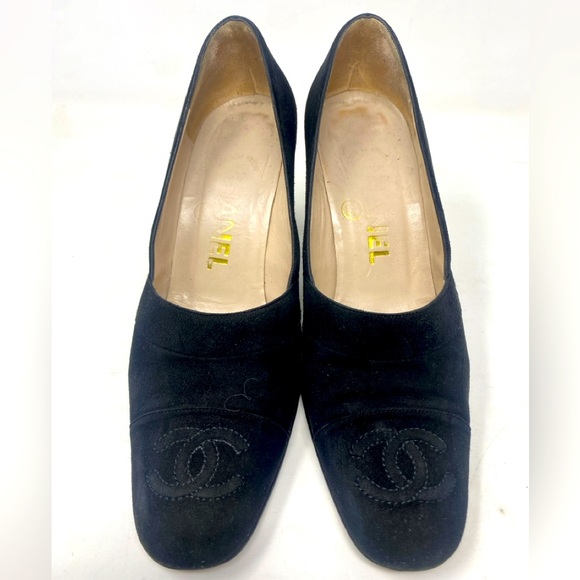 Chanel Black Suede Heels  CC logo 36 1/2 - Picture 1 of 16